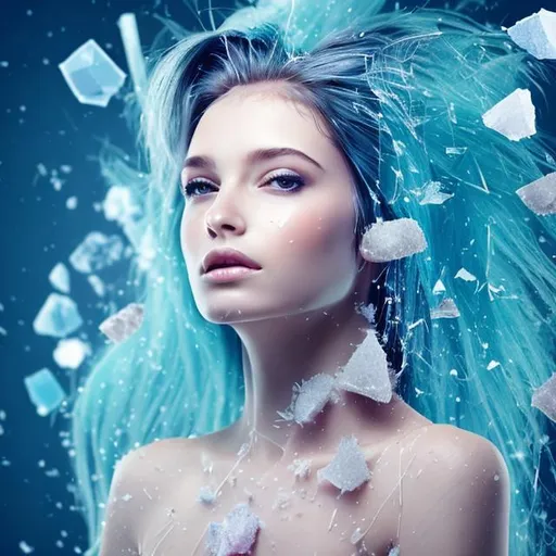 Prompt: Pretty girl with hair fragmenting crystals