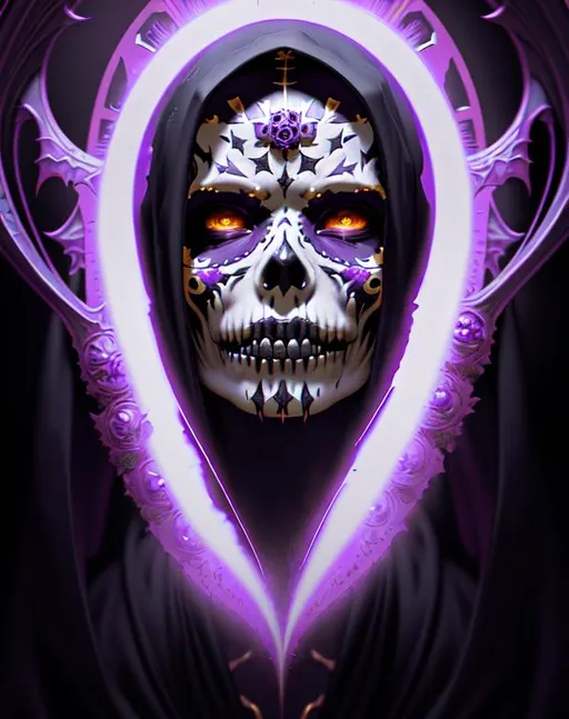 Prompt: Santa Muerte by Greg Rutkowski Gerald Brom a masterpiece, 8k resolution, dark fantasy concept art, dynamic lighting, hyperdetailed, intricately detailed, Splash screen art, trending on Artstation, deep color, Unreal Engine, volumetric lighting, Alphonse Mucha, Jordan Grimmer, purple and yellow complementary colours detailed painting, detailed face