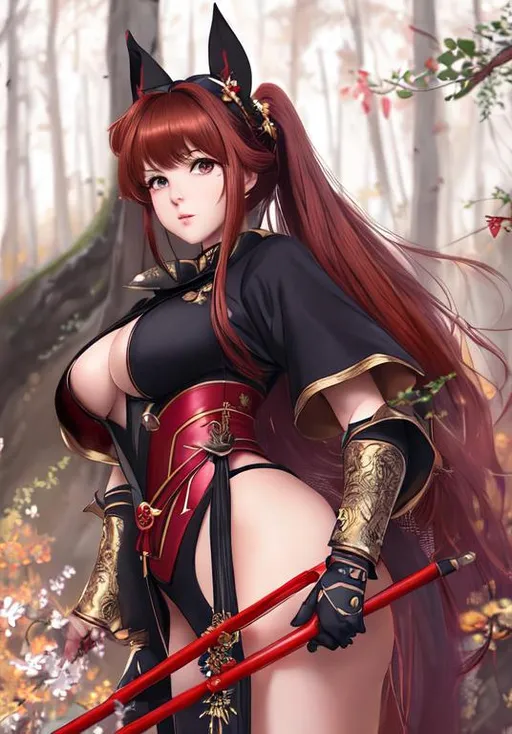 Prompt: woman beautiful, hutao genshin impact, bunny suit, beautiful big eyes, high definition, long brownish red hair, big chest, carrying a red spear, wearing some kind of hat, Ghost beside him, hair tied in two ponytails, dark, natural fleshtones, soft light, forest background, detailed painting, looking at viewer, five fingers on each hand, photography, detailed skin, realistic, photo-realistic, 8k, highly detailed, full length frame, High detail Golden light, piercing, art deco green, diffused soft lighting, sharp focus, hyperrealism, cinematic lighting, full body without clothes, 4k, UHD, Unreal engine black back ground