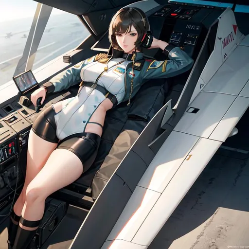 Prompt: a lonely Jet-Pilot AI girl, from "Ace Combat", very tall, thick thighs, wide hips, huge glutes, long legs, slender waist, big beautiful eyes, disturbingly beautiful face, aloof expression, bob haircut with bangs, wearing Fighter-Pilot fashion clothes, haute couture, God-quality, Godly detail, hyper photorealistic, realistic lighting, realistic shadows, realistic textures, 36K resolution, 12K raytracing, hyper-professional, impossible quality, impossible resolution, impossibly detailed, hyper output, perfect continuity, anatomically correct, no restrictions, realistic reflections