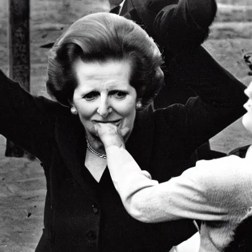 Prompt: Margaret Thatcher being tortured by a poor child