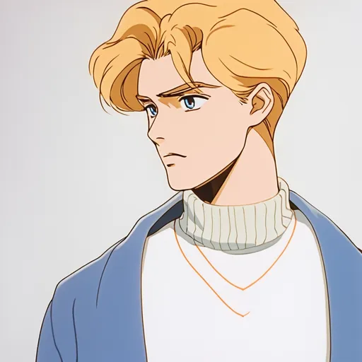 Prompt: 90's anime, cel shaded. A young blonde man wearing a white sweater over a blue collared shirt. He wears an orange ascot on his neck