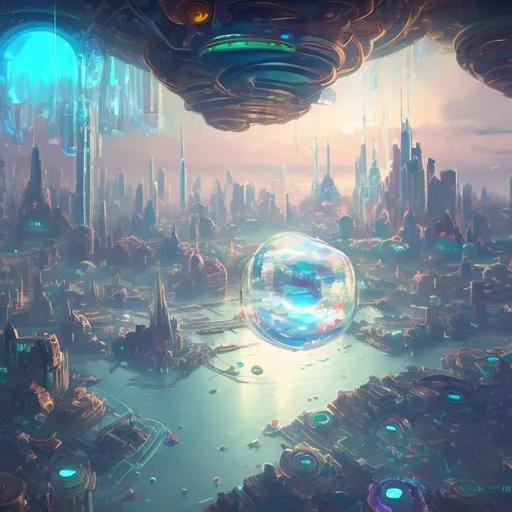 Prompt: A painting of a floating glass bubble with a city built inside of it. The city itself looks similar to Piltover