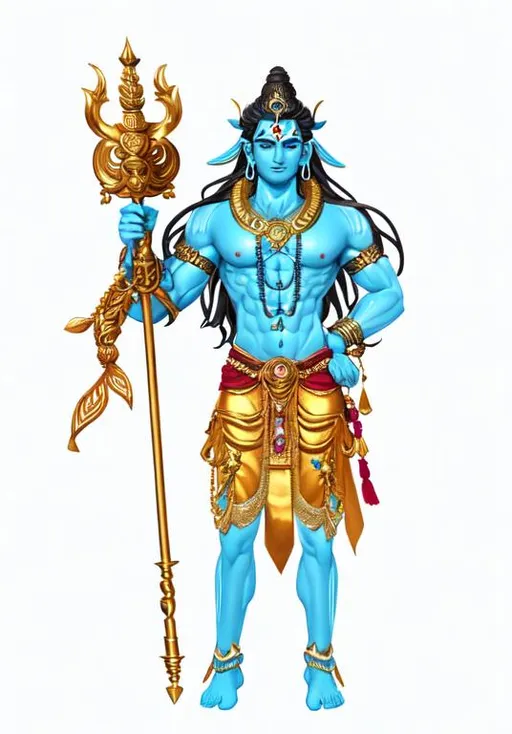 Prompt: Intricate, Heveanly beautiful dream background, full body shot of standing Male God Shiva, detailed face, ethereal photo of cosmic creator god, Mahadev, Natraj , BeautifuI Indian Heavenly Male, holding a Long Standing full exact copy detailed Trident intricate  in his hand, Full Beautiful Detailed Body Male,  detailed  face and intricate eyes, Intricate detailed,  full detailed Smiling, intricate full detailed shot, intricate Indian traditional fully yellow dhoti  traditional and orange dhoti traditiional or red  dhoti traditional Indian symmetrical dhoti fully covered up to the waist till knees and toe in dhoti, lashes, rudraksha on hair, wearing a tiger skin detailed inticrate cloth on dhoti, a detailed inticrate crescent moon on his forehead, a long and matted, a detailed live alive serpent coiled around his neck, background (magical god) colourful mystical soft enchanting, 8k photo, digital painting,  royal jewelry, gold jewelry with rudraksha, gold crown, robotic, nature, blue eyes,  Male Italian model wearing expensive clothes, symmetrical, detailed face, Greg Rutkowski, Charlie Bowater, Beeple, Unreal 5, hype realistic,  dynamic lighting, fantasy art