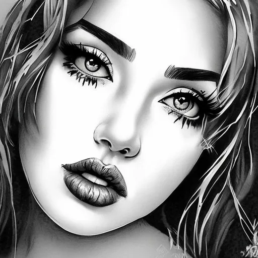 Prompt: Black and white sketch art of a girl with colour on lips and eyes 