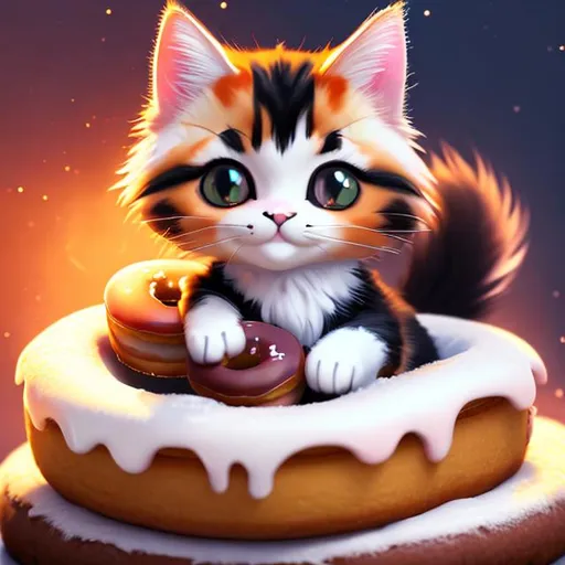 Prompt: a cat with Calico fur holding a donut on horseback cute chibi intense high quality art high quality shading high quality lighting dramatic lighting ultra 4K HD quality 3D art 3D art 3D art