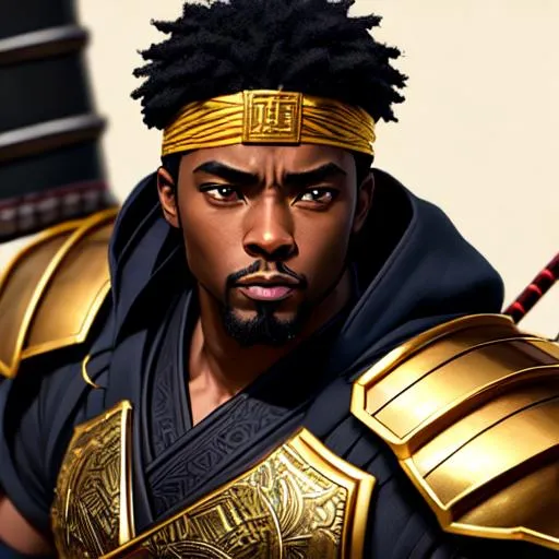 Prompt: african, japanese ronin, armor, goatee, lightning, katana, high detail, fatherly, runic armor designs, detailed face, concept art, character art, gold headband, chadwick boseman, thunder storm