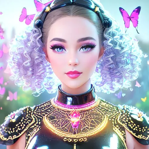 Prompt: Beautiful and sweet and happy girl of warm glaze, metal, necklace leather, latex,  wearing fine mini dress, discrete make up, paul klee, butterflies, insectoid parts, afternoon, impressionism, glowing up, large curly black light brown hair, light sparkles, drapping, big lips, pink cheeks, translucid, unreal engine 148k octane, 3d lightning, stellar, quartz and opal, gem rain, soft white skin, long wavy hair, nice smile, luminous and ample chest, fantasy, silence