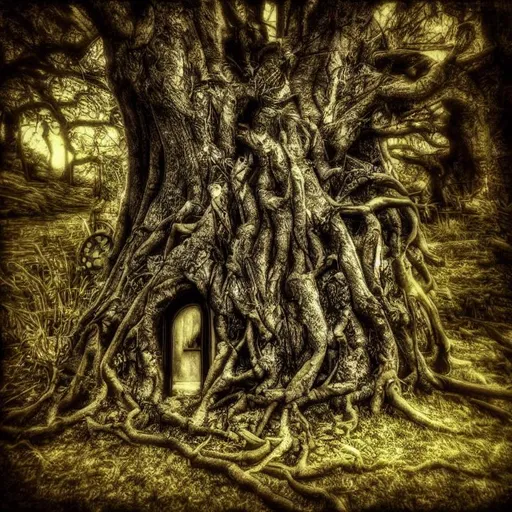 Prompt: secret garden, dark, award winning, high detail, warm, cyber, steam punk, steampunk, photo quality, noire, dark sky, reflections, depth, hint of orange, lights on, with fae, fairies, big tree, magical tree, bark, roots