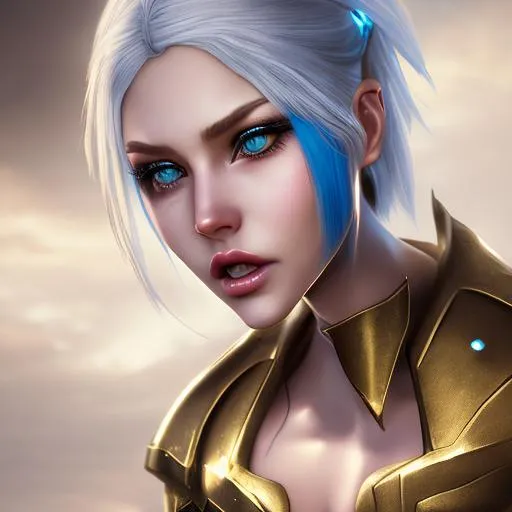 Prompt: Female, league of legends, lux, blue eyes, golden color hair, Gray Armor, Selflove, Inner happiness, ultra high resolution, 8k, high octane render, dynamic lighting, photo realistic, ultra realistic, ultra smooth skin, HD eyes,