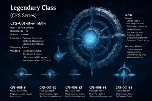 Prompt: ## E — EFSANEVİ SINIF (CFS SERİSİ)
### CFS-001-M — ∞-Cosmic Frost Station (Ana)
* **Boy:** **100 milyon ışıklı yıl** (maksimum/ana boy)
* **Üretim:** 1 (eşsiz)
* **Özellik:** Evren-ötesi komuta, tüm istasyon/orduyu senkronize eden Spectral Hack alanı, evrenler arası enerji & iletişim hub’ı
* **Silahlar/Etki:** Galaktik lazer topları, boyut zinciri kalkanları, evren düzeyi dondurma, Hiçlik portalları kontrolü
### Küçük Destek İstasyonları (boydan büyüğe; sayı 100× artırılmış hâl)
| Model | Boy | Üretim | Rol |
| ---------- | ------------- | ------------ | -------------------------------------------------------- |
| CFS-001-S1 | 10 milyon km | **500 adet** | Temel destek & enerji dağıtım, saha güçlendirme |
| CFS-001-S2 | 25 milyon km | **400 adet** | İletişim, radar, erken uyarı, lokal savunma kasırgaları |
| CFS-001-S3 | 50 milyon km | **300 adet** | Mini üretim & sınıf spawn hub’ı (mikro-saniyede üretim) |
| CFS-001-S4 | 75 milyon km | **200 adet** | Boyutsal portal / ışınlama hub’ı (orta ölçekli transfer) |
| CFS-001-S5 | 100 milyon km | **100 adet** | Geniş alan dondurma & OP mor buz fırtınası üretimi |