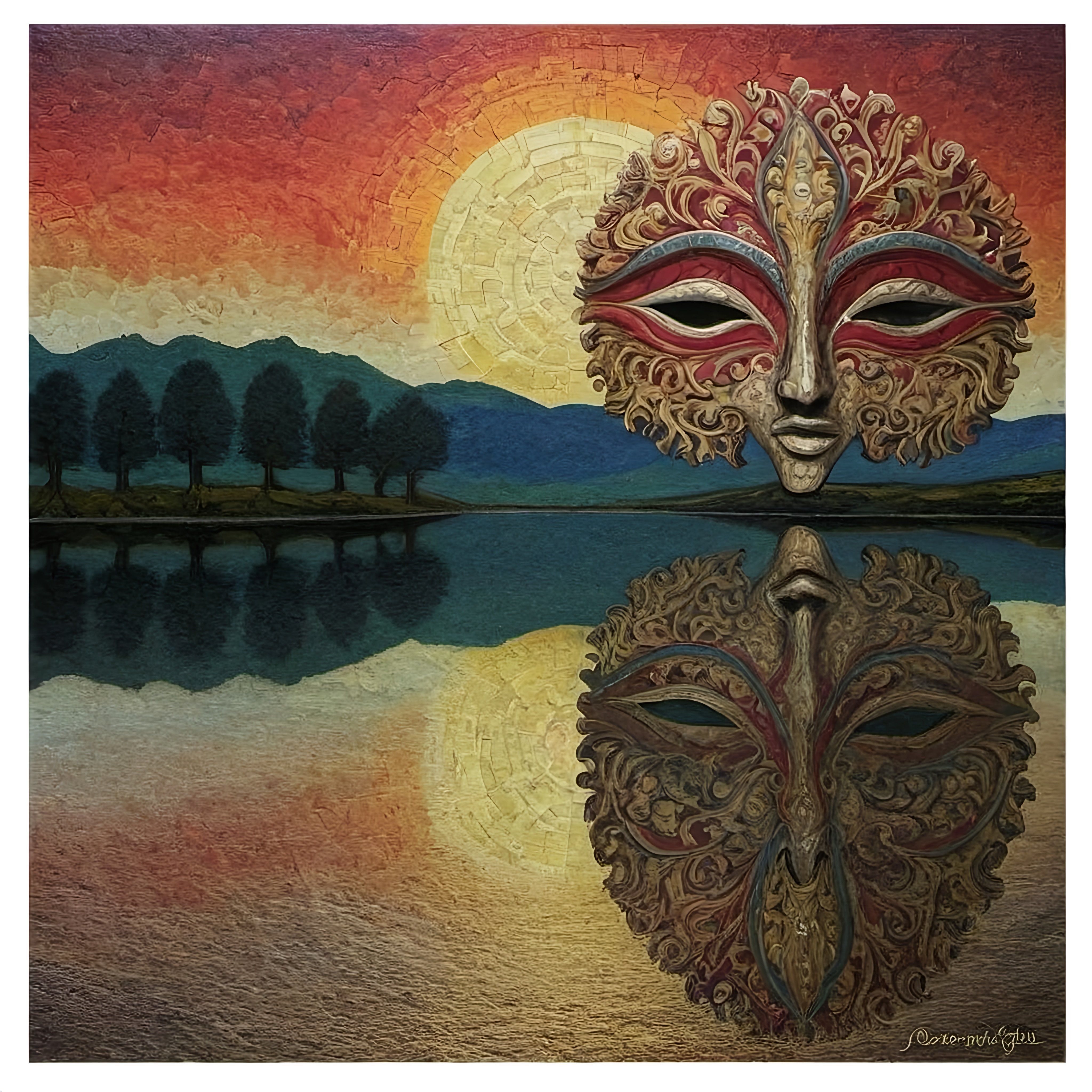 Prompt: a painting of a mask with trees in the background and a lake in the foreground with a sunset in the background, metaphysical painting, intricate oil painting, an oil on canvas painting