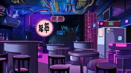 Prompt: anime of  a retro bar with 4 purple cushioned stools, space themed neon signs on the back wall, and a pinball machine.