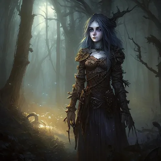 Prompt: pretty Medieval girl wandering through a dark forest with eyes peering at her from the darkness, style of  Alayna Lemmer