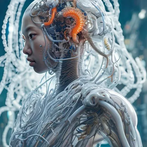 Prompt: "young asian woman, iris van herpen, beautiful face, perfect symmetrical body, full body shot, inflateble shapes, wires, tubes, veins, jellyfish, white biomechanical details, wearing epic bionic cyborg implants, masterpiece, intricate, biopunk, vogue, highly detailed, artstation, concept art, cyberpunk, octane render"