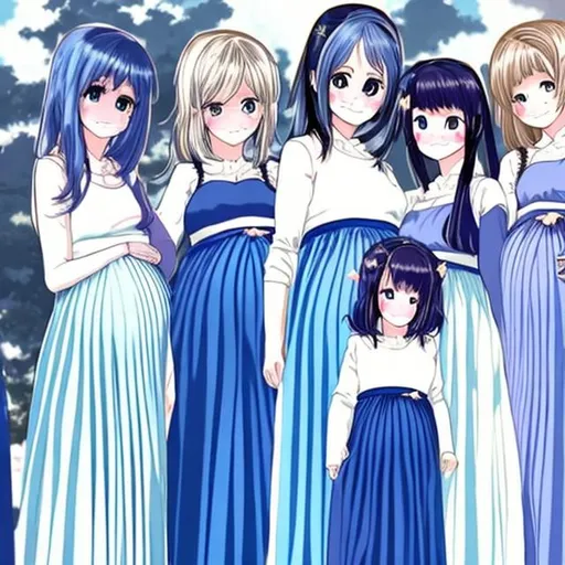 Prompt: There are multiple pregnant anime girls who are all wearing blue pleated long skirts. The hair of the pregnant anime girls are long and straight. The color of the pregnant anime girls' hair are white.

All of the pregnant anime girls have the same height.

The pregnant anime girls are holding their baby bumps.
