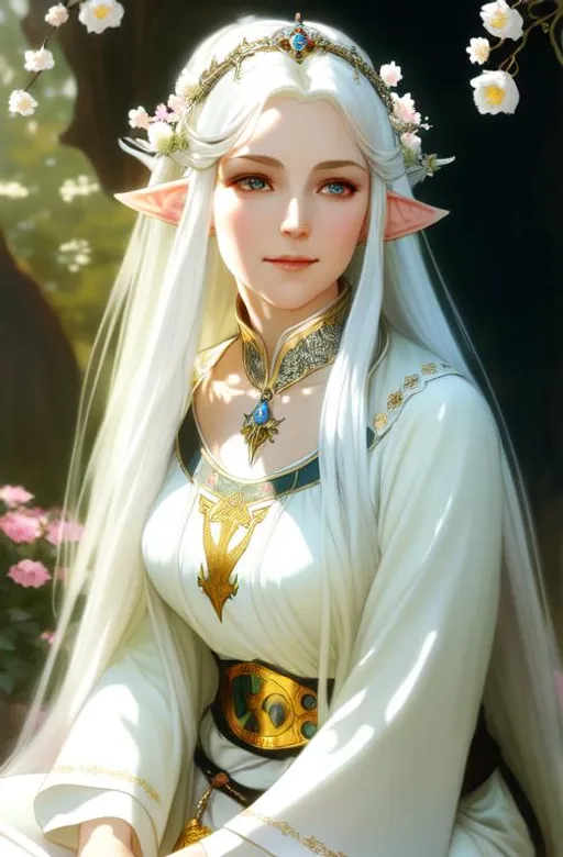 Prompt: a white hair elven woman,  long hair, princess, happy look,  polish folk clothing , medival outfit , full pose, sitting with relaxed pose,  pallace at noon in the background, flowers around, holy water, high quality face details, by ruan jia, by alphonse mucha, by krenz cushart, by Julie Bell, by Gerald Brom,  beautiful intricate exquisite imaginative exciting, fantasy, shadows,  vray render, artstation, deviantart, pinterest, 5 0 0 px models, high resolution 
