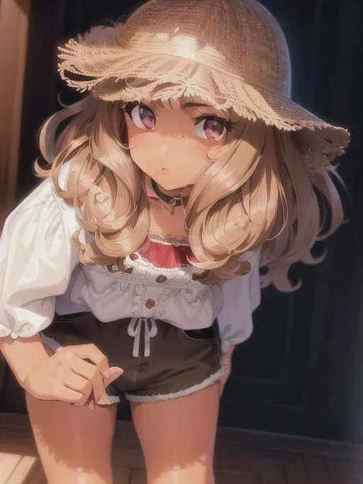 Prompt: (masterpiece, illustration, best quality:1.2), 1girl, solo, tanned skin, (petite body, white blouse, dark brown shorts:1.3), curly hair, stray hairs, fluffy bangs, playful demeanor, shorts, ruffles, foggy black eyes, dark brown hair, finely detailed, detailed face, toned face, beautiful detailed eyes, beautiful detailed shading, beautifully detailed background, rainstorm 