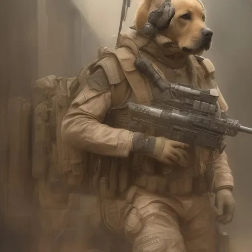 Prompt: A  golden retriever dog as a Navy Seal Operator in Afghanistan , intricate, highly detailed, DOG SOLDIERS, digital painting, artstation, concept art, matte, sharp focus, illustration, accurate, detailed , art by Artgerm and Greg Rutkowski and Alphonse Mucha