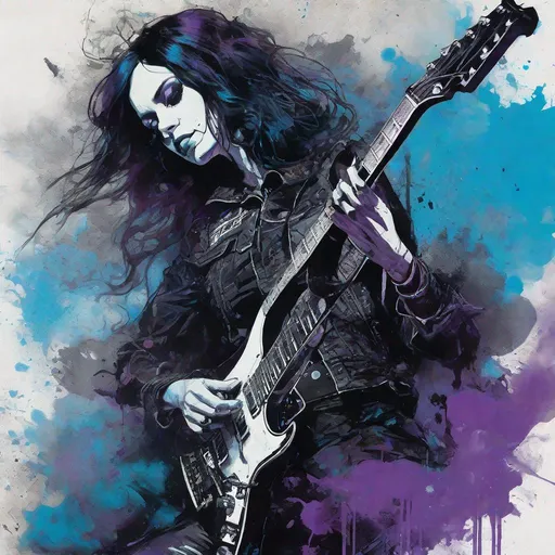 Prompt: Portrait of an gothic beautiful guitarist girl playing an electric guitar art by Jean giraud, Conrad Roset, john blanche, kent morkman, Chris Bachalo, Benedick Bana, William burroughs, calligraphy smoke inking, dripping black, purple and blue paint, Intricate portrait of ornate gothloli in ragged punk fashion, futuristic tattered rags, stylized fantasy art by wlop, artgerm, peter mohrbacher, bloodborne concept art, kentaro miura, kevin oneill, frazetta, trending on artstation, Masaaki asamoto beksinski frank miller lee bermejo Marc Simonetti egon schiele Joaquín Sorolla Simon Stalenhagmat brown  Matti Suuronen Jeffrey Larson druillet Tom Thomson Ross Tran James Turrell Van Gogh frazetta Rembrandt Louis Wain