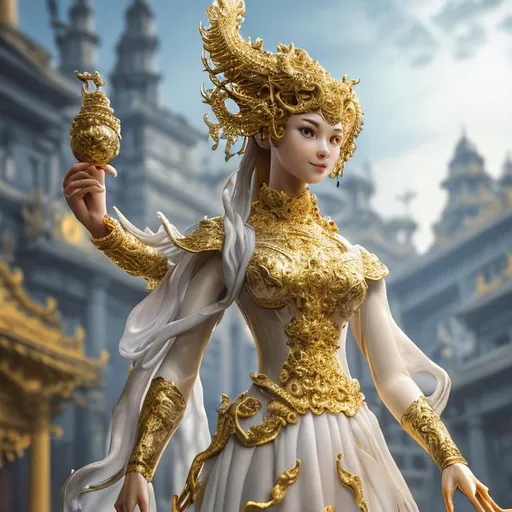 Prompt: A highly detailed ((full-length shot) (gold marble sculpture statue) of a (woman with). ((+Hyperrealistic)), (+dress), +concept art, +low shot, ((+intricately detailed, +highly detailed)), +dramatic, +side light, +plain background, +caring, +happy, +smiling, +aodai vietnam, dragon