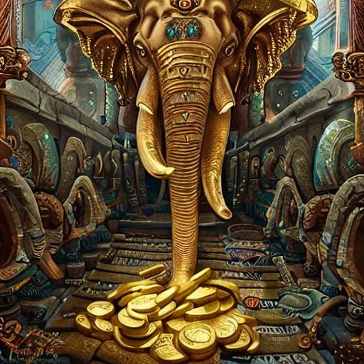 Prompt: a huge treasure full of gold coins in a temple protected my gaint elephant with golden ornaments, biblical, dramatic, insanely detailed, by dan mumford, yusuke murata, makoto shinkai, ross tran, intricate detail, cinematic, 8 k, featured on artstation, pixiv