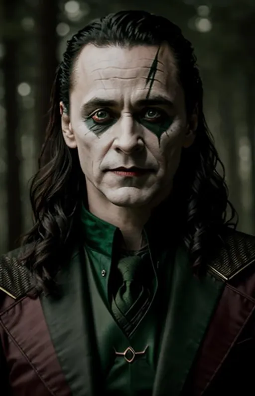 Prompt:  front portrait of Loki as The Joker,  4k detail, portrait, vfx render, centered, facial feature symmetry, concept design, facing forward, dark forest in background