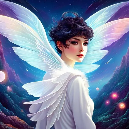 Prompt: masterpiece, illustration, best quality), Beautiful androgynous, with wings, pixie style haircut, a field of stars on a foreign planet 