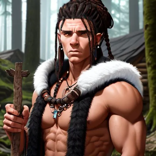 Prompt: portrait of a (young handsome tribal sorcerer in a sleeveless fur jacket, with arcane tattos and a undercut black viking braid, tanned skin) , forest hut background, D&D setting, detailed face, smooth, perfect composition, hyperrealistic, super detailed, 8k, high quality, trending art, trending on artstation, sharp focus, studio photo, intricate details, highly detailed, by matte digital illustration, by koyorin, donato giancola, pixiv