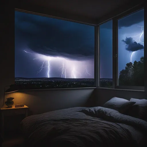 Prompt: Watching a thunderstorm in the middle of the night from a bedroom window, night, dark sky, night time, night, night