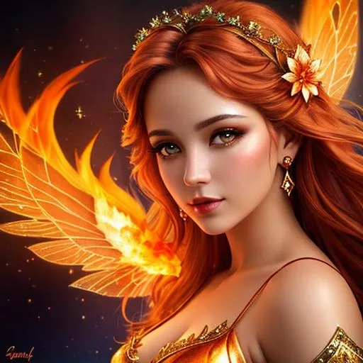 Prompt: fairy goddess with warm colors, realistic,  fiery background, closeup