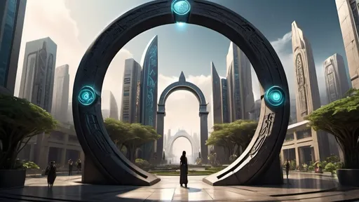 Prompt: magical portal between cities realms worlds kingdoms, circular portal, ring standing on edge, upright ring, freestanding ring, hieroglyphs on ring, complete ring, ancient babylonian architecture, gardens, hotels, office buildings, shopping malls, large wide-open city plaza, corner perspective, corner view, side view, futuristic cyberpunk tech-noir setting