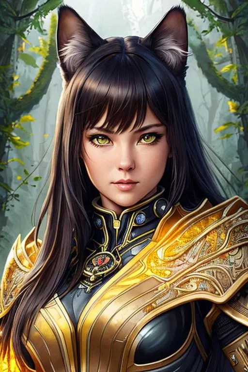 Prompt: Poster art, high-quality high-detail highly-detailed breathtaking hero ((by Aleksi Briclot and Stanley Artgerm Lau)) - ((a cat )),female,  cat head detailed black cat head, 8k, military armour,  full form , The queen of all cats, forest world setting, has highly detailed yellow and black futuristic military mech armour, detailed carbon fibre black and yellow amour, wearing carbon black and yellow military mech armor, highly detailed mech armor, full form, epic, 8k HD, ice, sharp focus, ultra realistic clarity. Hyper realistic, Detailed face, portrait, realistic, close to perfection, more black in the armour, 
wearing blue and black cape, wearing carbon black cloak with yellow, full body, high quality cell shaded illustration, ((full body)), dynamic pose, perfect anatomy, centered, freedom, soul, Black short hair, approach to perfection, cell shading, 8k , cinematic dramatic atmosphere, watercolor painting, global illumination, detailed and intricate environment, artstation, concept art, fluid and sharp focus, volumetric lighting, cinematic lighting, 
