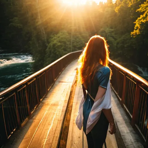 Prompt: Woman facing sunset on a bridge above a rushing creek surrounded by forest on a cliff