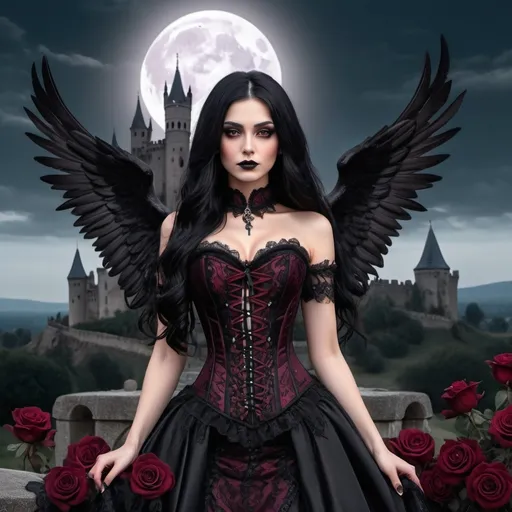 Prompt: A tall dark angel woman, with long black hair, brown eyes, black wings, dressed with a black & bordeaux laces corset. She is adorned in an elegant black gown with intricate lace details and stunning bordeaux roses. The background is a landscape with a goth castle, with wolves by her side, fullmoon, and black skulls on the ground. Ai real photo, 4k, poster.