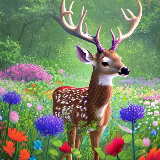 Prompt: hyperrealistic deer in an sea of flowers