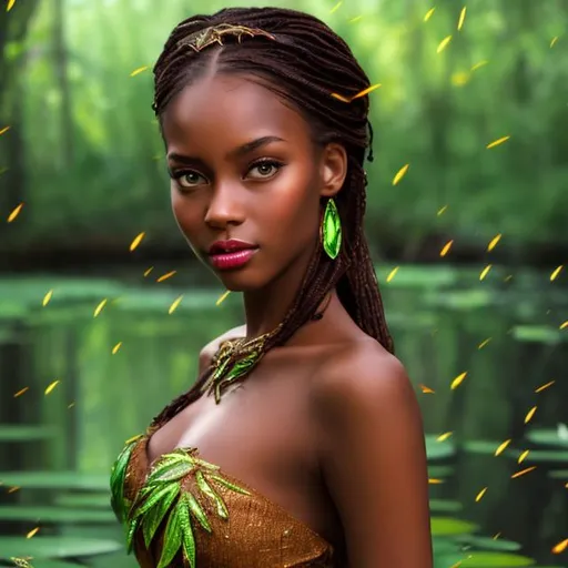 Prompt: professional modeling photo Tiana as live action human woman hd hyper realistic beautiful black woman brown hair brown skin brown eyes beautiful face green gown and jewelry and tiara enchanting bayou at night hd background with live action realistic Louisiana swamp with fireflies and lilypads and frogs