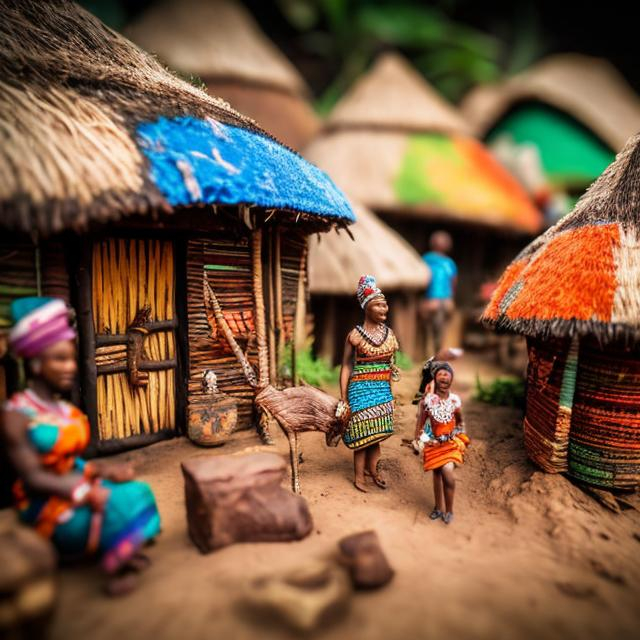 miniature diorama macro photography detailed and colourful african huts villagers in traditional a