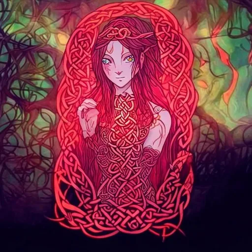 Prompt: celtic pagan goddess: Bridgid. Fire, herbal healing, water well, woman. red warrior goddess. Trippy anime