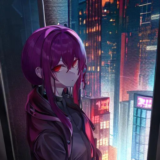 Prompt: Someone being murdered in a Cyberpunk City as someone is watching through the window in the style of an anime and also have some blood