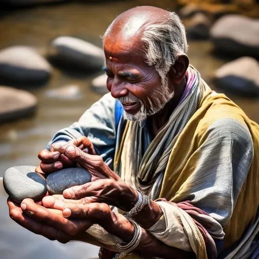 Prompt: A man holding stones and gems expresses the joy of life, standing on a riverside