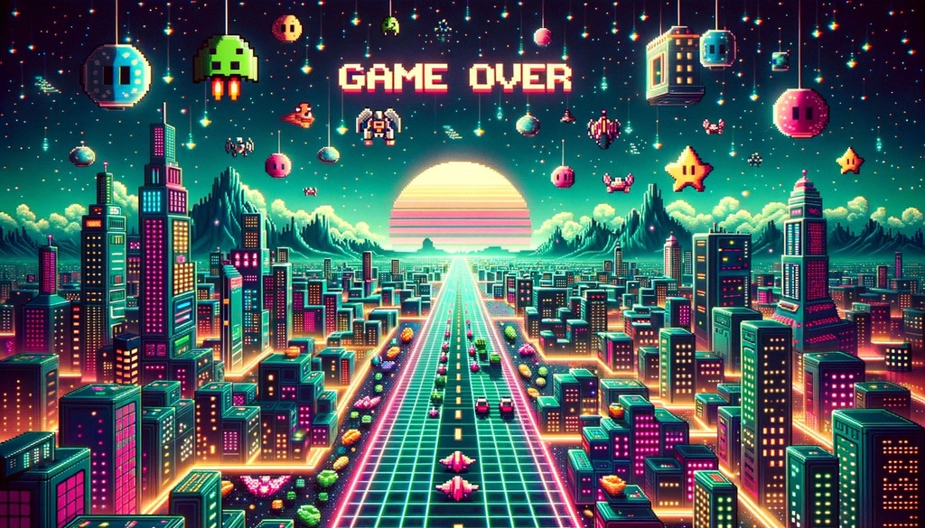 Prompt: Retro-inspired digital landscape, lit by neon hues. The ground showcases pixel art designs in vintage colors, and the environment is populated with classic game sprites. Power-ups float enticingly in the distance, and the sky is stamped with 'Game Over' in age-old arcade fonts. Classic game adversaries, now cast in retro futurism, stand prominently in the foreground.