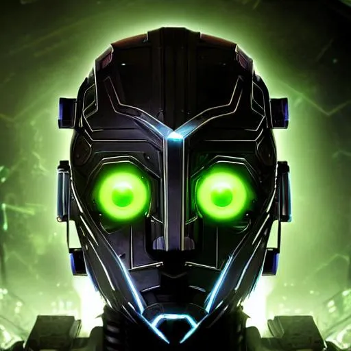 Prompt: cyber punk robot head, photo realistic, symmetrical, dark smokey back ground, HD, 8K, angular face, dark grey and lime green, video game style, centered, matte painting