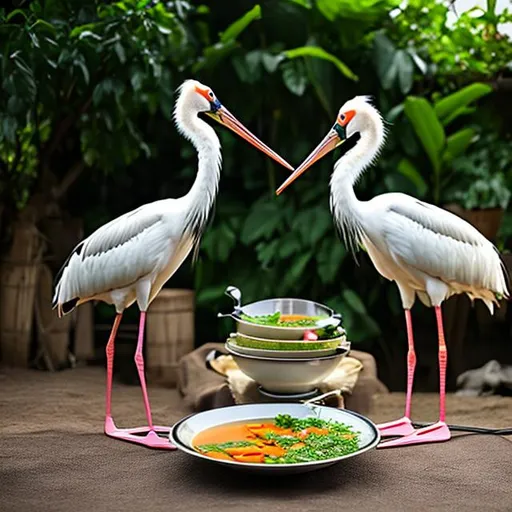 Prompt: 1 stork stands in the middle of 1 plate of soup, hiperrealistic, cynematic lighting, gopro kamera, 8K