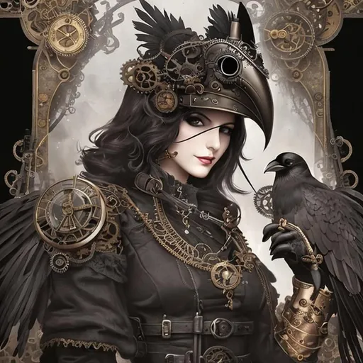 Prompt: steampunk anthropomorphic crow, black plague mask  Artstation illustrators, intricate details, face, full body portrait, dim light, illustration, UHD, 4K