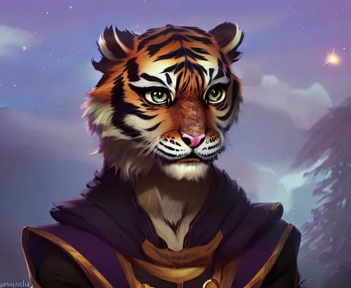 Prompt: cute , young , male, anthropomorphic , fluffy , tiger , feline , khajiit , furry , bright purple eyes , pretty face , starry sky , bank of river , realistic