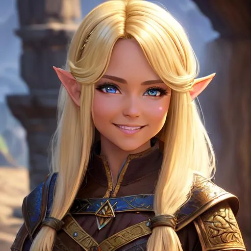 Prompt: oil painting, D&D fantasy, hobbit girl, tanned-skinned-female, beautiful, short bright dirty blonde hair, straight hair, smiling, pointed ears, looking at the viewer, adventurer wearing intricate leather amor, #3238, UHD, hd , 8k eyes, detailed face, big anime dreamy eyes, 8k eyes, intricate details, insanely detailed, masterpiece, cinematic lighting, 8k, complementary colors, golden ratio, octane render, volumetric lighting, unreal 5, artwork, concept art, cover, top model, light on hair colorful glamourous hyperdetailed medieval city background, intricate hyperdetailed breathtaking colorful glamorous scenic view landscape, ultra-fine details, hyper-focused, deep colors, dramatic lighting, ambient lighting god rays, flowers, garden | by sakimi chan, artgerm, wlop, pixiv, tumblr, instagram, deviantart