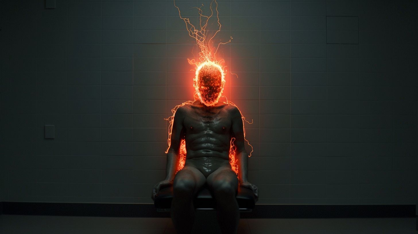 Prompt: black mirror man bursting into flames from within