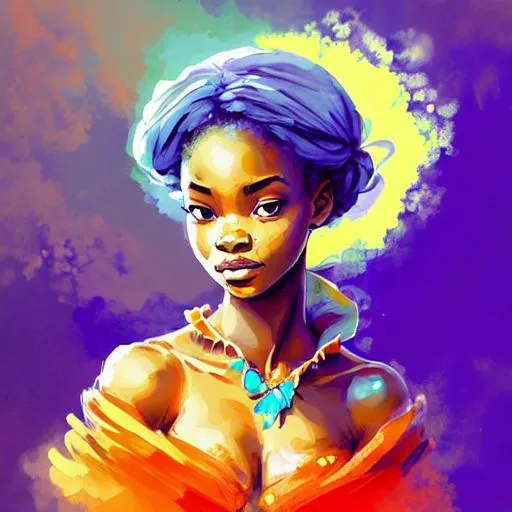 Prompt: africanfairy goddess, aqua and orange color scheme, beautiful, closeup