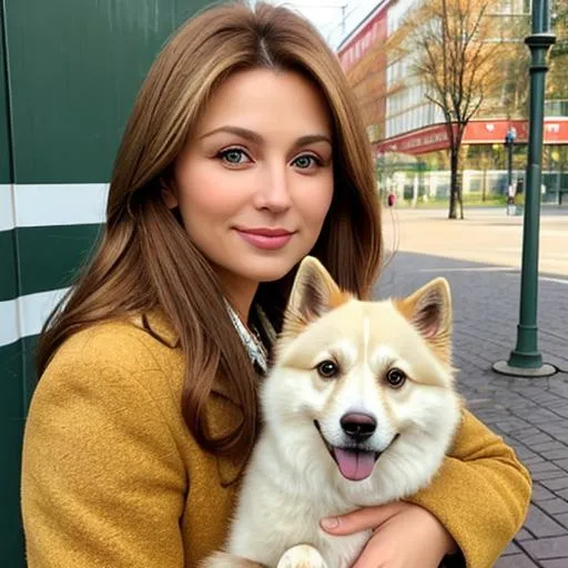 Prompt: A beautiful russian woman with sandy blonde brown hair, mother, age=47, attractive, green eyes, veterinarian, russian spitz